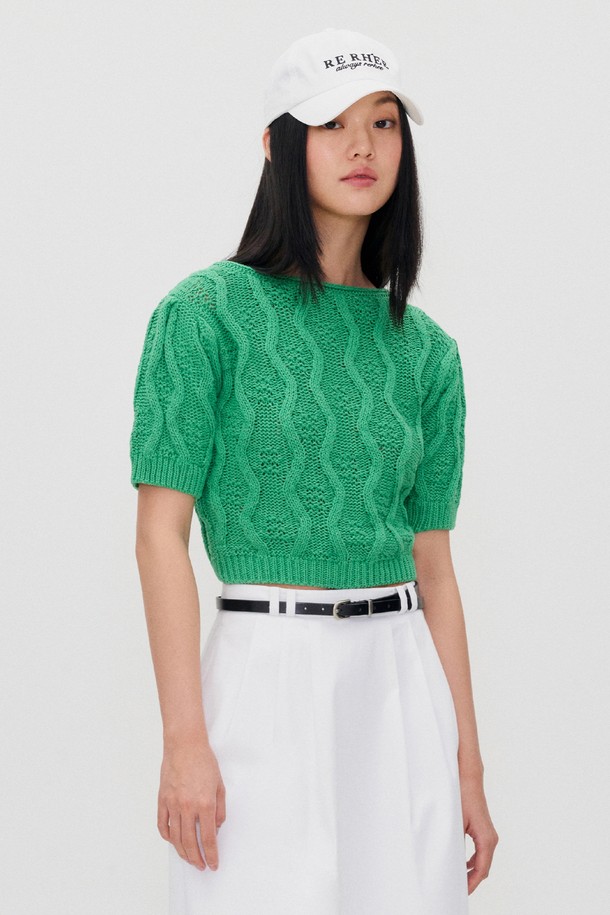 RE RHEE - 반소매 티셔츠 - CABLE KNIT CROPPED TOP GREEN