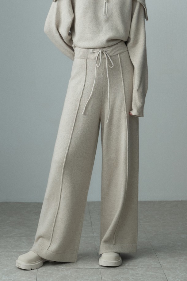 RE RHEE - 롱/미디팬츠 - RACOON WIDE LEG KNIT PANTS MIX OATMEAL