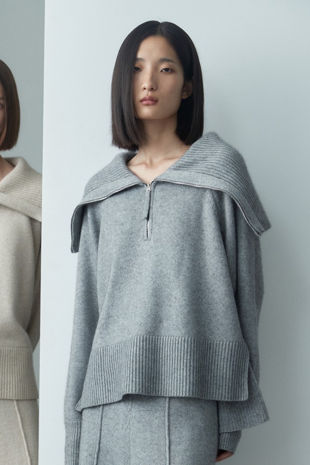 RE RHEE - 스웨터 - RACOON HALF ZIP UP KNIT SWEATER MELANGE GRAY