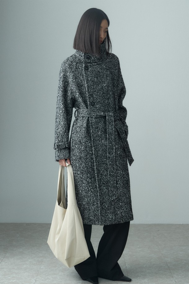 RE RHEE - 코트 / 패딩 - HIGH NECK BELTED HERRINGBONE COAT