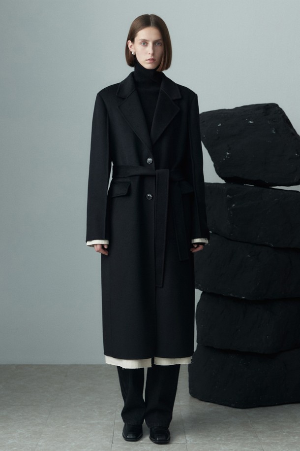 RE RHEE - 코트 - BELTED WOOL BLEND COAT BLACK