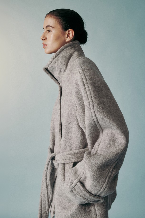 RE RHEE - 코트 - WOOL BLENDED BELTED HALF COAT GRAY