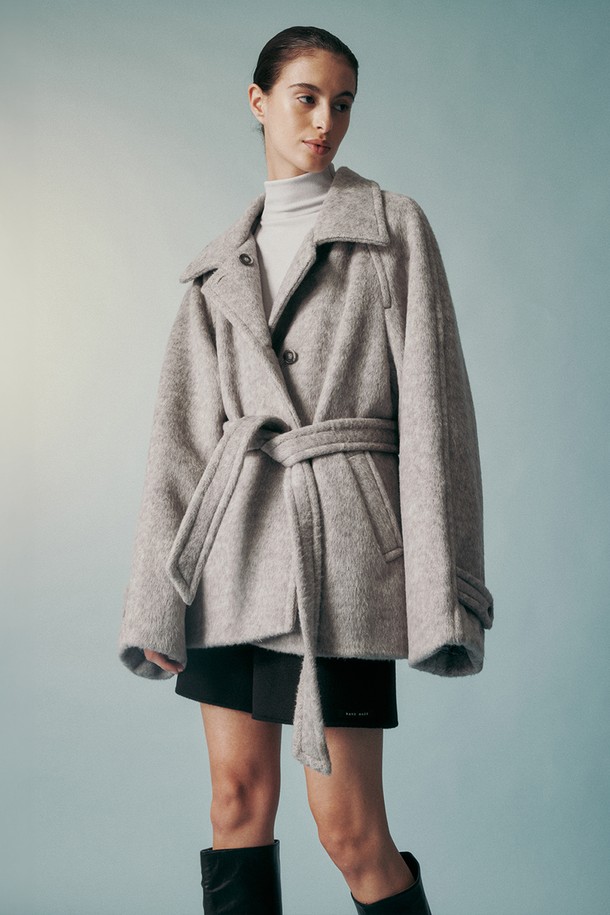 RE RHEE - 코트 - WOOL BLENDED BELTED HALF COAT GRAY