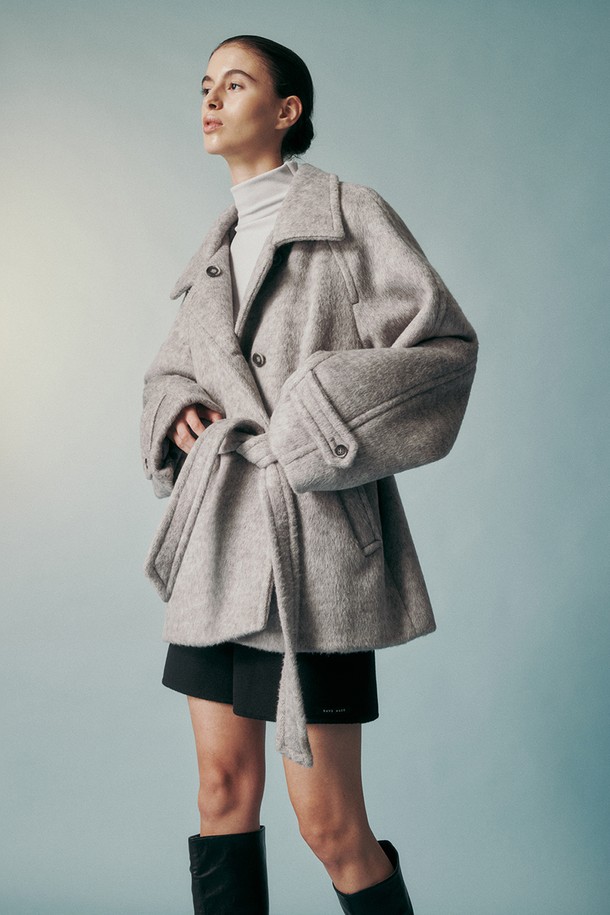 RE RHEE - 코트 - WOOL BLENDED BELTED HALF COAT GRAY