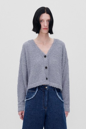 BUTTON DOWN FUZZY KNIT CARDIGAN BLUE GRAY