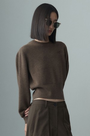 PUFFED SLEEVE KNIT TOP BROWN