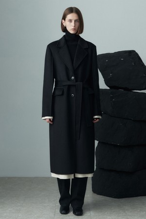 BELTED WOOL BLEND COAT BLACK