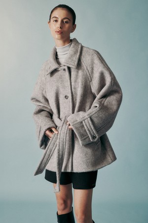 WOOL BLENDED BELTED HALF COAT GRAY