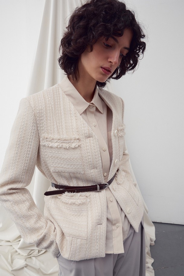 RE RHEE - 자켓 - V NECK POCKET TWEED JACKET IVORY