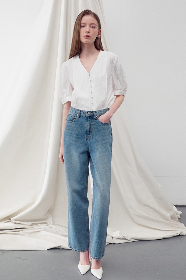 RE RHEE - 롱/미디팬츠 - WASHED DENIM STRAIGHT LEG JEANS WASHED BLUE