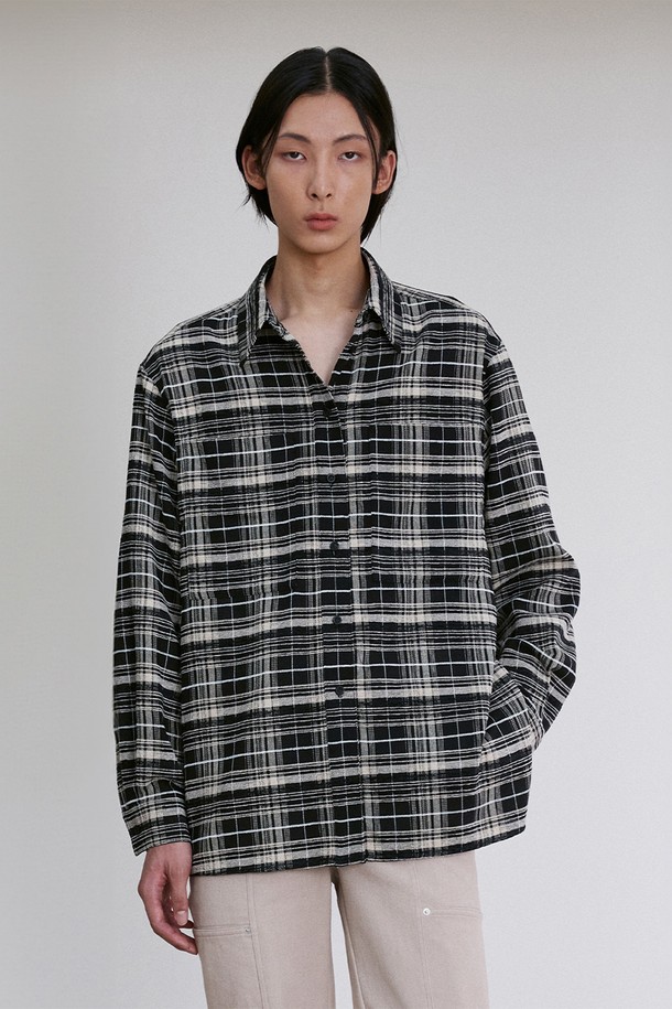 RE RHEE - 셔츠 - SIDE-SLIT CHECKED UNISEX SHIRTS BLACK