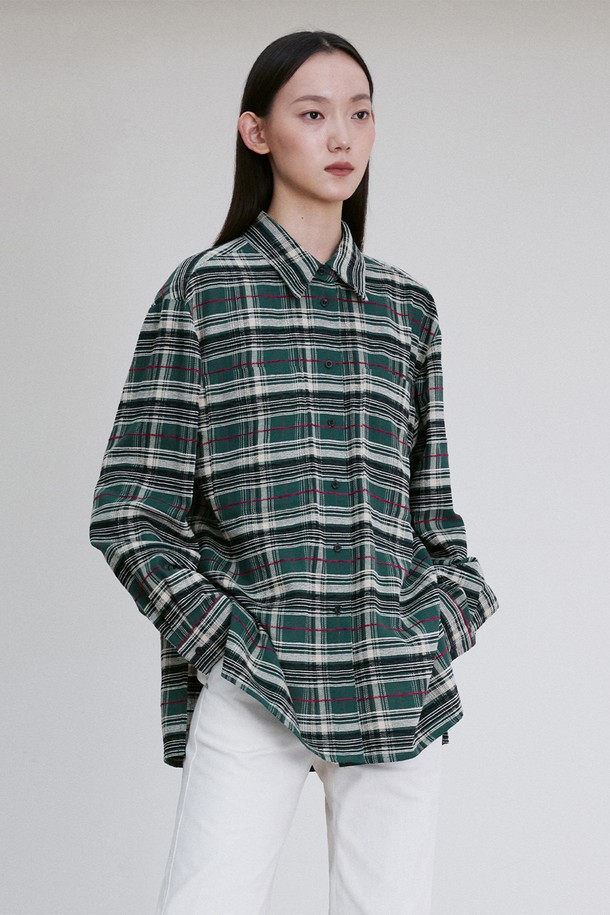 RE RHEE - 셔츠 - SIDE-SLIT CHECKED UNISEX SHIRTS GREEN