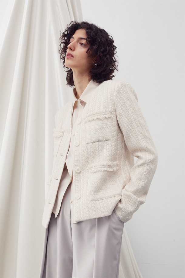 RE RHEE - 자켓 - V NECK POCKET TWEED JACKET IVORY