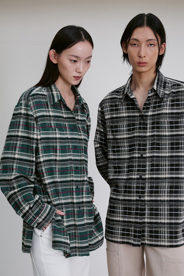 RE RHEE - 셔츠 - SIDE-SLIT CHECKED UNISEX SHIRTS BLACK