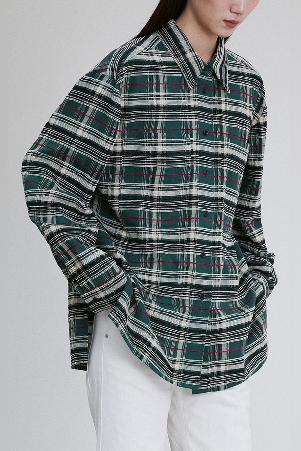 RE RHEE - 셔츠 - SIDE-SLIT CHECKED UNISEX SHIRTS GREEN