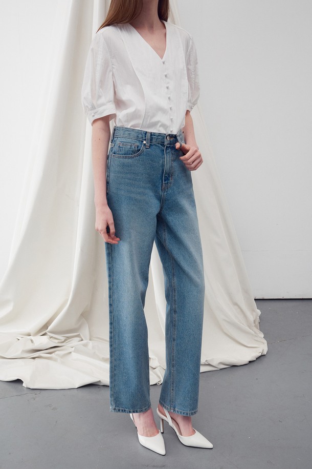 RE RHEE - 롱/미디팬츠 - WASHED DENIM STRAIGHT LEG JEANS WASHED BLUE