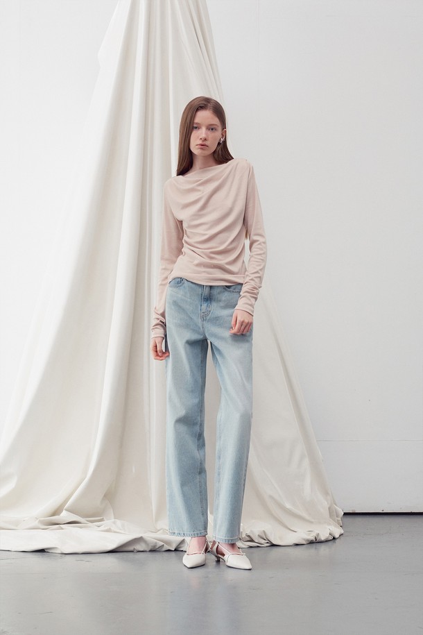 RE RHEE - 롱/미디팬츠 - WASHED DENIM STRAIGHT LEG JEANS LIGHT BLUE