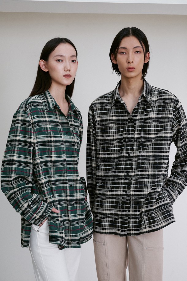 RE RHEE - 셔츠 - SIDE-SLIT CHECKED UNISEX SHIRTS GREEN