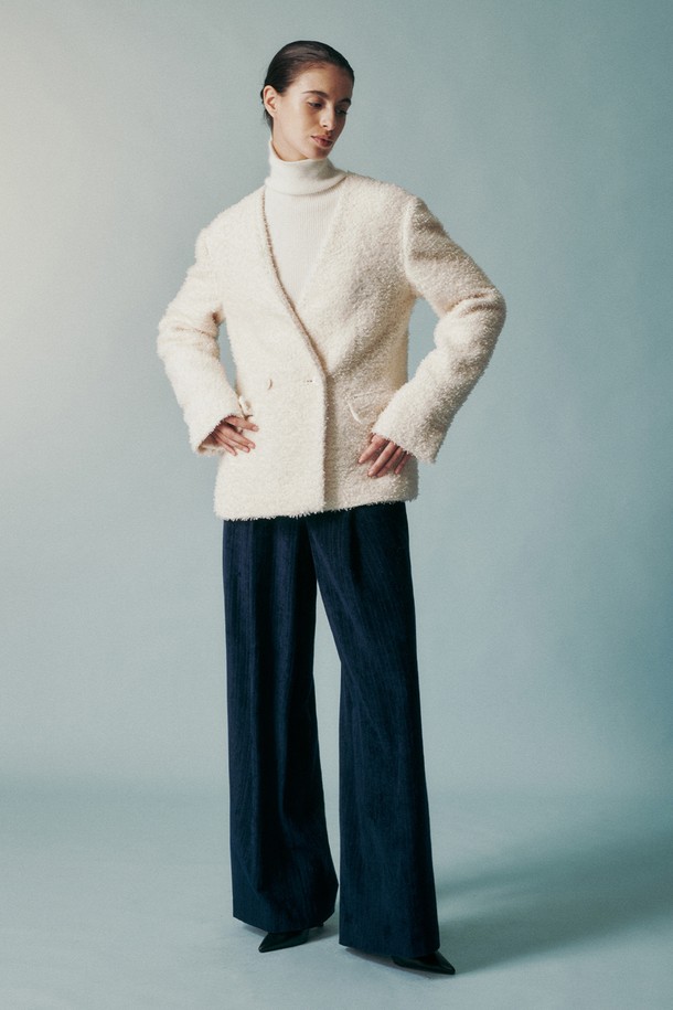 RE RHEE - 롱/미디팬츠 - WOOL BLEND CORDUROY WIDE PANTS MIDNIGHT NAVY