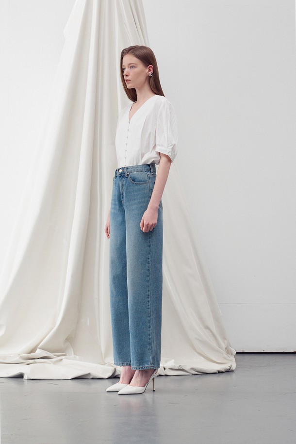 RE RHEE - 롱/미디팬츠 - WASHED DENIM STRAIGHT LEG JEANS WASHED BLUE