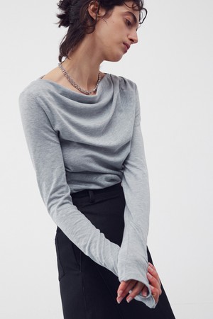 SHIRRING DRAPE LONG SLEEVE TOP MELANGE GRAY