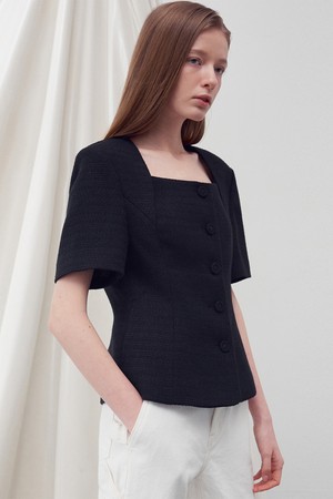 SQUARE NECK HALF SLEEVES TWEED JACKET BLACK