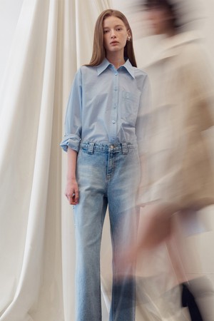 EMBROIDERED STRIPE POCKET SHIRT SKY BLUE