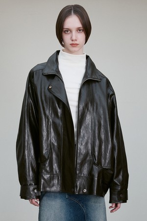 FUNNEL NECK VEGAN LEATHER JACKET