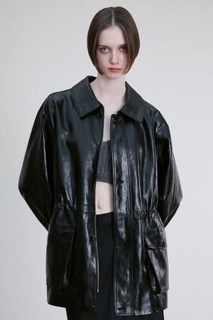 DRAWSTRING WAIST VEGAN LEATHER JACKET