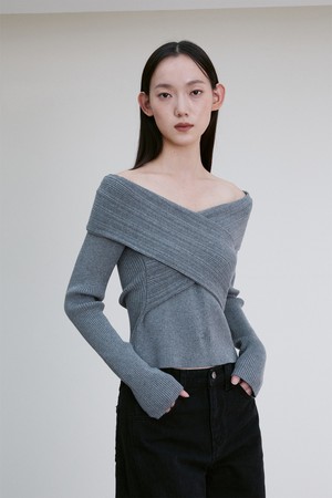 OFF-SHOULDER CROSS RIBBED TOP CHARCOAL