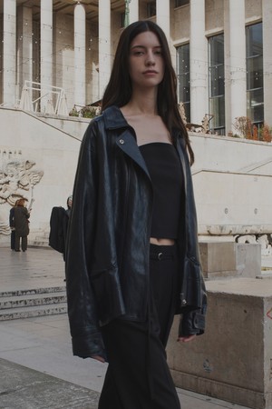 FUNNEL NECK VEGAN LEATHER JACKET MIDNIGHT NAVY