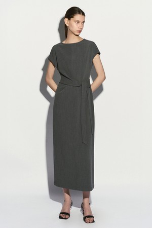 TIE DETAIL MIDI DRESS MELANGE GRAY