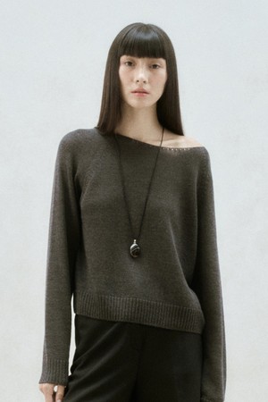 ROUND NECK SHEER KNIT TOP CHARCOAL GRAY