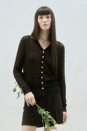 LINEN BLEND CABLE KNIT SHEER CARDIGAN BLACK