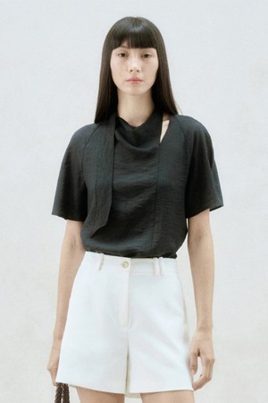 SLIT NECK TIE BLOUSE BLUE GREEN