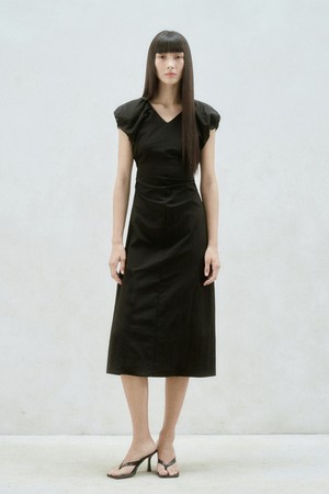 SLIT BACK PUFF SLEEVE MIDI DRESS