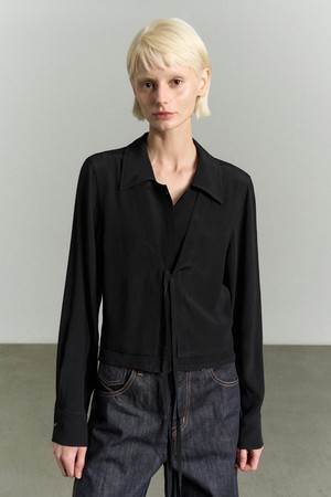 FRONT-TIE LAYERED SHIRT BLOUSE BLACK