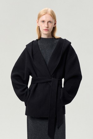 CASHMERE WOOL BLEND HOODED BELTED COAT BLACK
