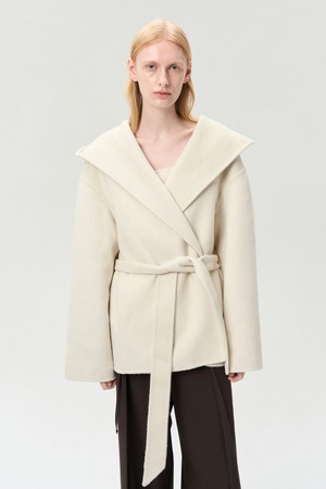 CASHMERE WOOL BLEND HOODED BELTED COAT IVORY