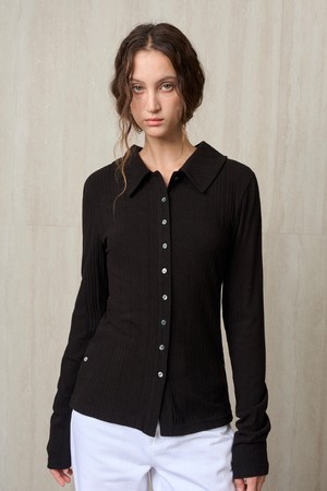 KNIT RIBBED SHIRT TOP BLACK