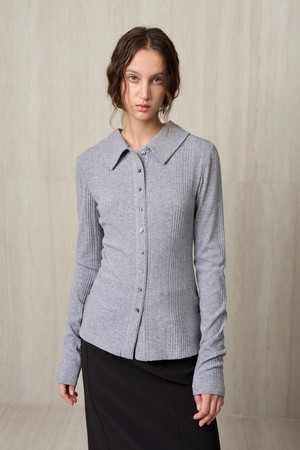 KNIT RIBBED SHIRT TOP MELANGE GRAY