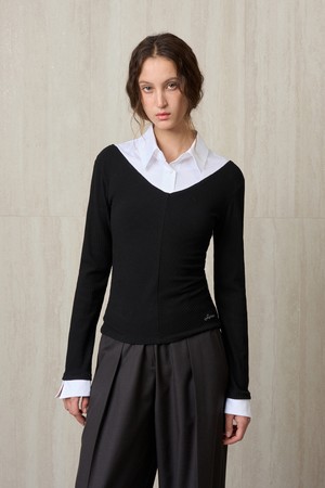 SHIRT COLLAR RIBBED KNIT TOP BLACK