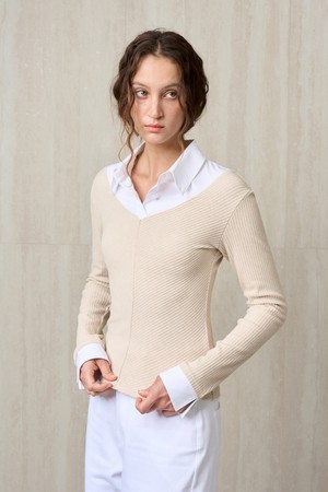 SHIRT COLLAR RIBBED KNIT TOP OATMEAL