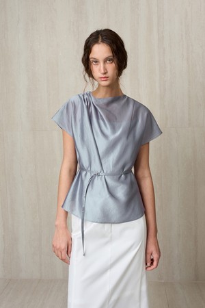 SHEER BELTED BLOUSE ASH BLUE