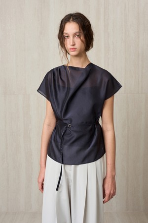 SHEER BELTED BLOUSE MIDNIGHT NAVY