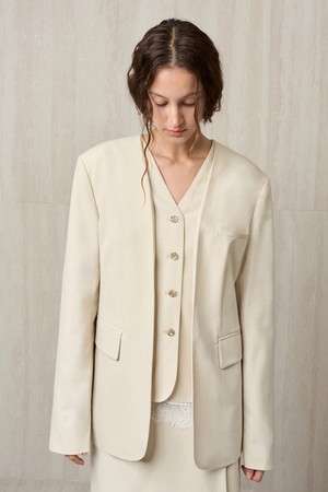 WOOL BLEND COLLARLESS JACKET SAND BEIGE