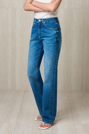 FRONT CREASED DENIM PANTS MID BLUE
