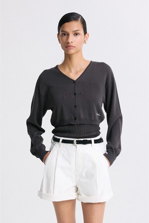 V-NECK CROPPED KNIT CARDIGAN CHARCOAL