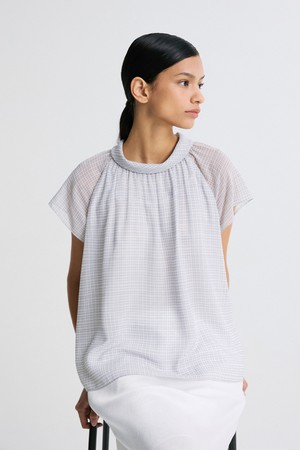 CHECKED CHIFFON TIE-NECK BLOUSE