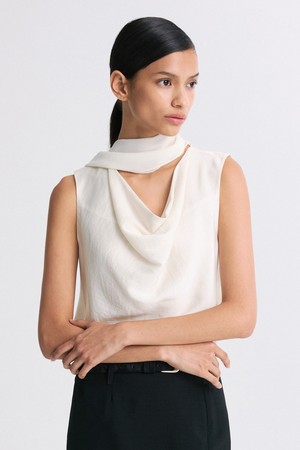 SCARF-NECK DRAPED SLEEVELESS BLOUSE